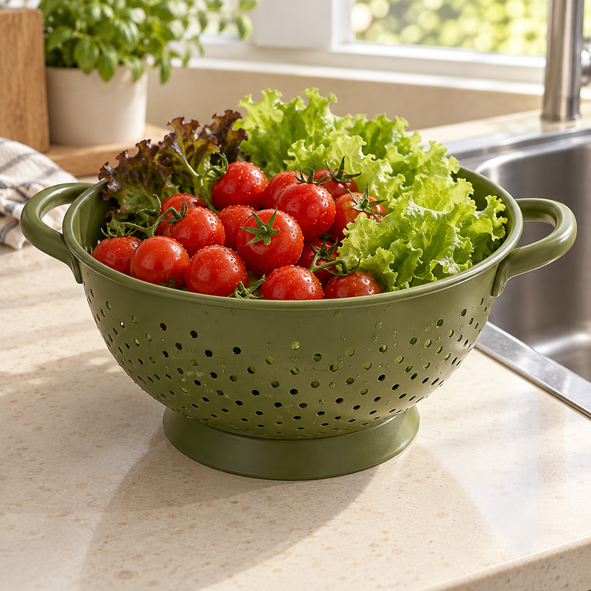 Handled Produce Colander — AI-generated styled illustration